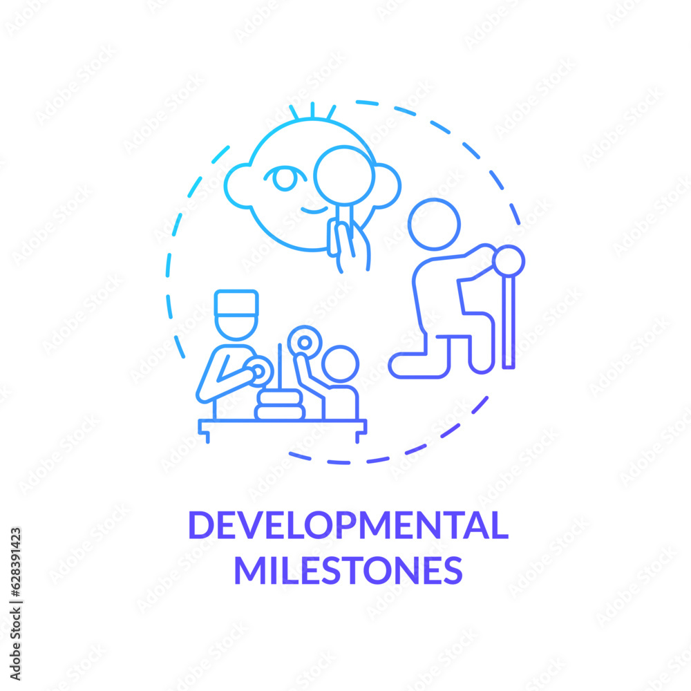 Developmental milestones blue gradient concept icon. Baby development. Physical exam. Pediatric doctor. Baby growth. Infant care abstract idea thin line illustration. Isolated outline drawing Developmental milestones blue gradient concept icon. Baby development. Physical exam. Pediatric doctor. Baby growth. Infant care abstract idea thin line illustration. Isolated outline drawing