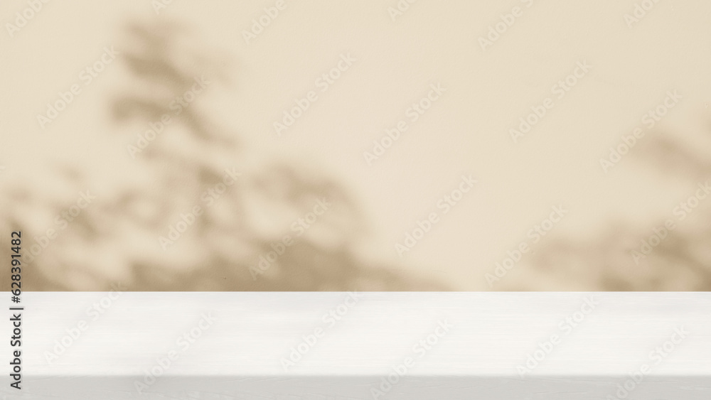 Minimal White Wood Table with Tree Shadow on Beige Concrete Wall Texture Background, Suitable for Product Presentation Backdrop, Display, and Mock up. Minimal White Wood Table with Tree Shadow on Beige Concrete Wall Texture Background, Suitable for Product Presentation Backdrop, Display, and Mock up.