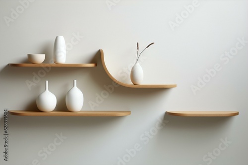 Modern Wooden Shelves Against a Pristine White Wall, Generative