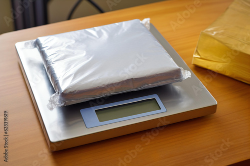 Parcel Wrapped in Plastic on Electronic Scales, Generative AI