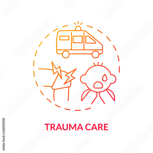 Trauma care red gradient concept icon. Urgent help. Traumatic event. Injured kid. Healthcare provider. Emergency medicine abstract idea thin line illustration. Isolated outline drawing
