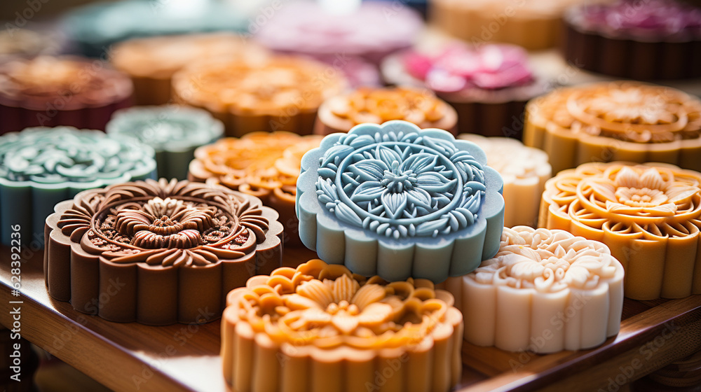 A close-up of exquisite mooncakes, showcasing their intricate designs and delicious fillings for the Mid-Autumn Festival Generative AI