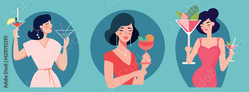 set of woman with cocktail in hand Promotion poster or beach party invitation with glass in flat illustration style. greeting card flat illustration