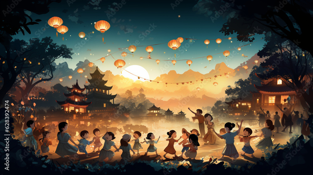 A joyful scene of children playing traditional games under the moonlight during the Mid-Autumn Festival Generative AI A joyful scene of children playing traditional games under the moonlight during the Mid-Autumn Festival Generative AI