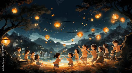 Foto A joyful scene of children playing traditional games under the moonlight during
