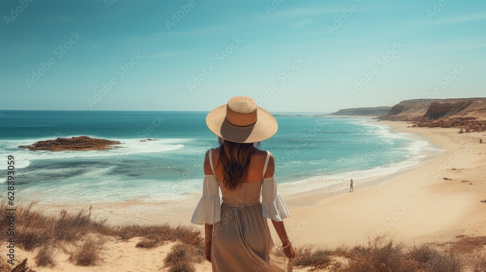 dunes by the sea. woman in a hat