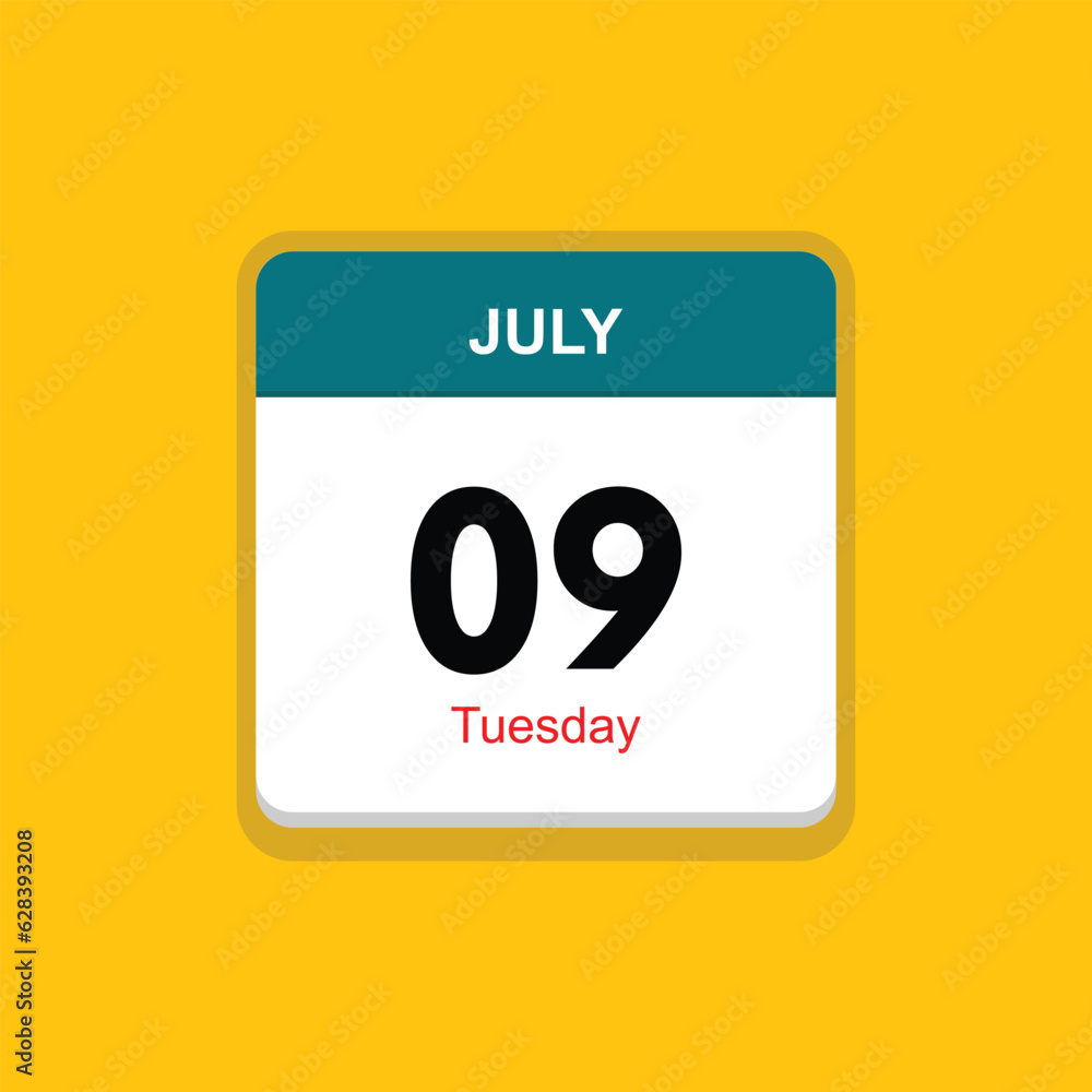 tuesday 09 july icon with yellow background, calender icon