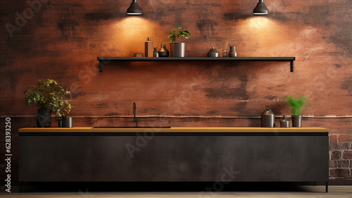 Wall mockup, modern kitchen in industrial style. Generative AI © Sewupari Studio