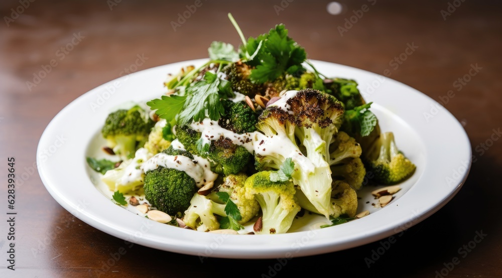 Fresh broccoli and cauliflower salad with Tahini dressing on plate Fresh broccoli and cauliflower salad with Tahini dressing on plate