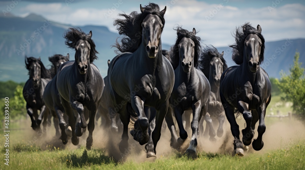Herd of Friesian black horses galloping in the grass Herd of Friesian black horses galloping in the grass