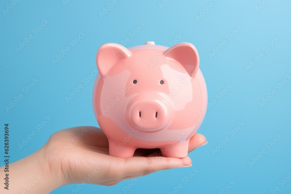 Pink pig piggy bank on female palm on blue background