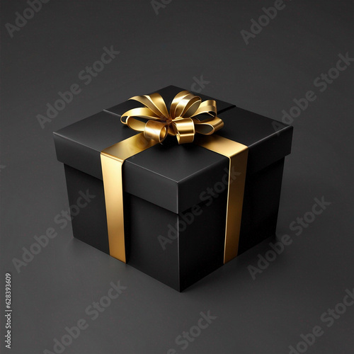 Black Friday sale. Realistic 3d template of open gift boxes. Dark gift box with Gold confetti. MADE OF AI