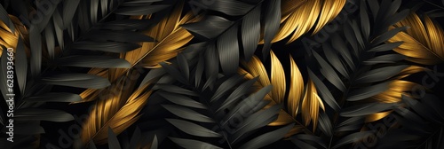 Gold and gray tropical palm leaves on a black background. Luxury nature background.