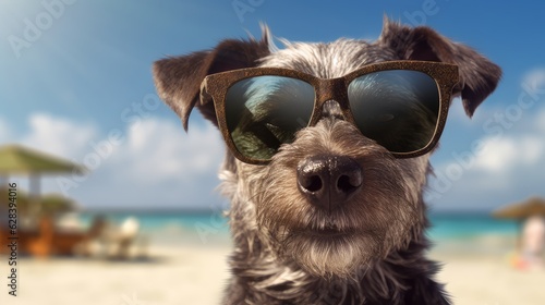 Portrait of Schnauzer dog breed with sunglasses on the beach © kheat