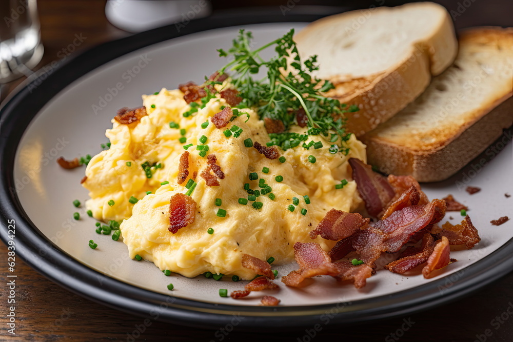 scrambled eggs with bacon and buttered toast scrambled eggs with bacon and buttered toast
