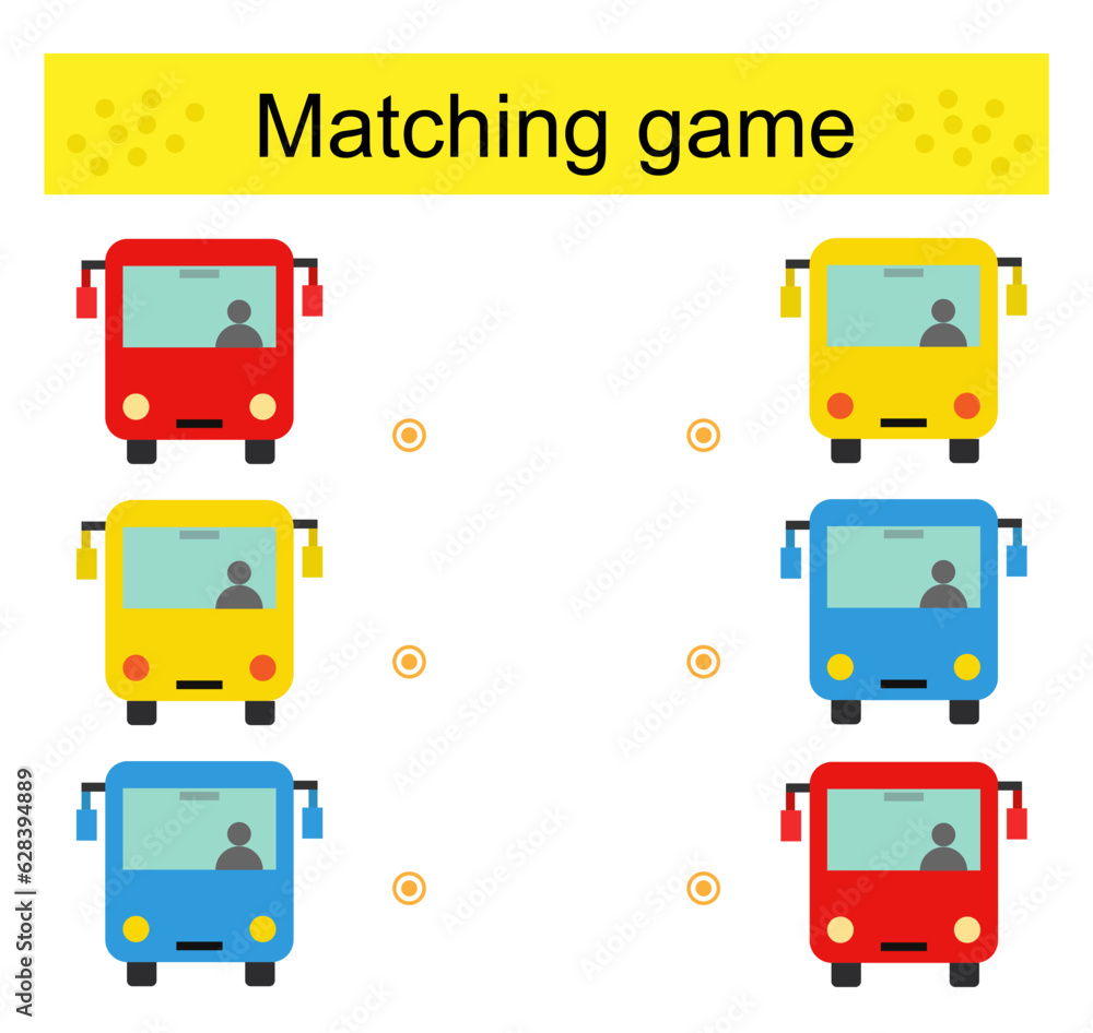 Matching game. Task for the development of attention and logic. Cartoon autobus.