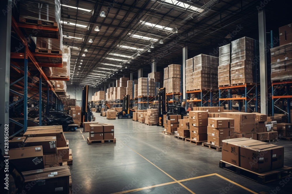 a huge warehouse or storage hall of a logistics company filled to the