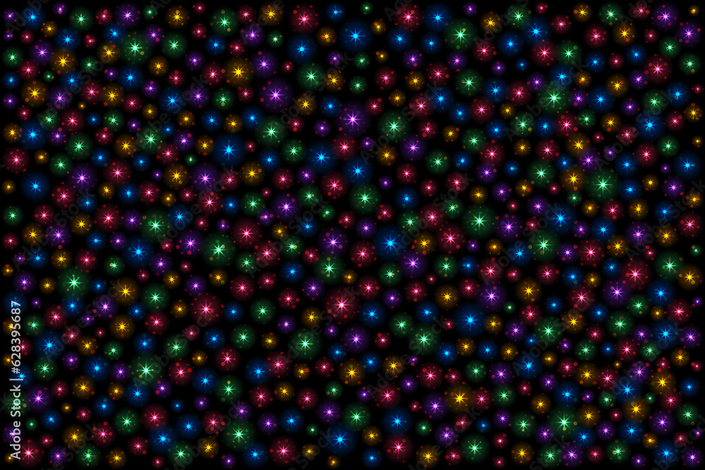Festive dark background with bright colorful stars and circles