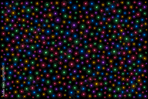 Festive dark background with bright colorful stars and circles