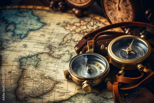 Old vintage retro compass and binoculars on ancient world map. Vintage still life. Travel geography navigation concept background