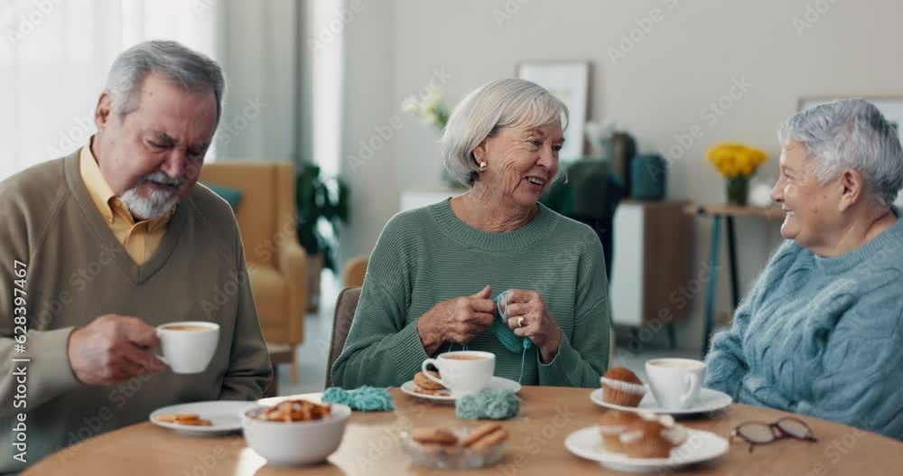 Tea, old people or friends in retirement talking for support, care or trust for bonding in nursing home. Coffee, party or senior man drinking with elderly women for solidarity together to relax Tea, old people or friends in retirement talking for support, care or trust for bonding in nursing home. Coffee, party or senior man drinking with elderly women for solidarity together to relax