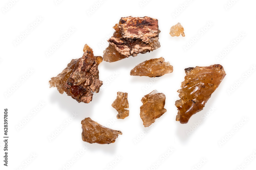 Gum arabic on white background, Pile of natural frankincense Olibanum, Incense Gum arabic on white background, Pile of natural frankincense Olibanum, Incense