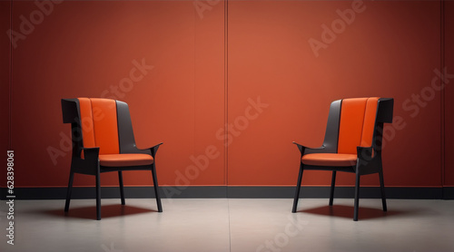 Two orange chairs in an empty room in the style of dark gray and light crimson. Generative AI.