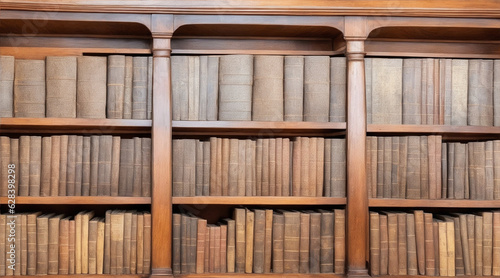 Abundant collection of antique books on wooden shelves. Generative AI.