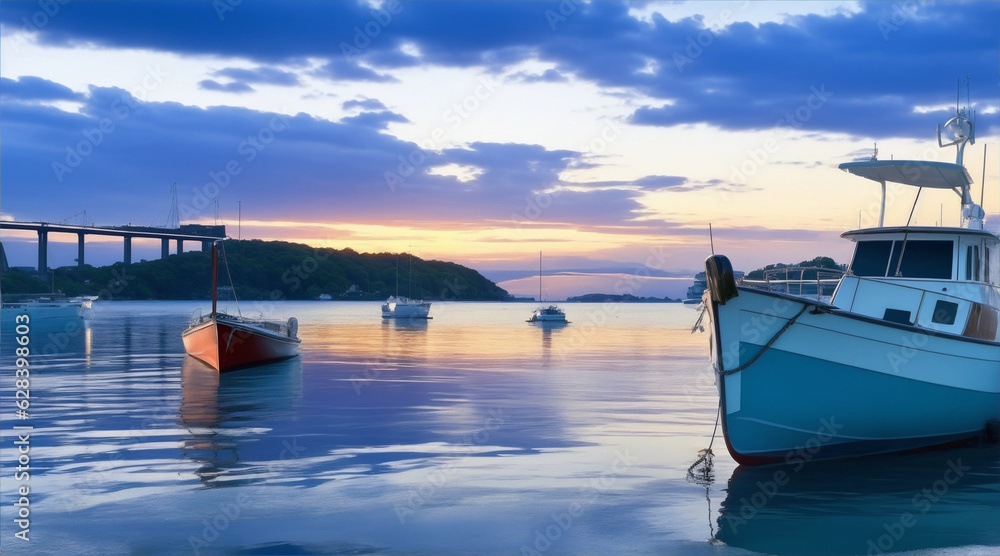 Boat on the harbor wallpaper background landscape boating. Generative AI. Boat on the harbor wallpaper background landscape boating. Generative AI.