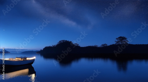 Boat on the night lake wallpaper background landscape boating. Generative AI. © BornHappy