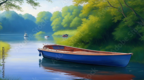 Boat on the River oil painting wallpaper background landscape boating. Generative AI. © BornHappy