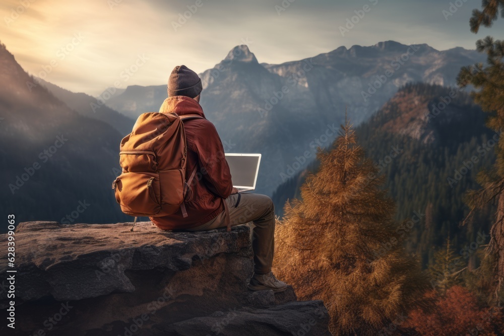 Freelancer man working online while hiking in the mountains. Travel and remote work concept