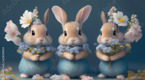 Three little bunnies are standing holding flowers in the style of digital painting. Generative AI.