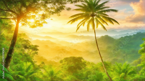 Tropical rainforest beauty in nature at sunrise. Generative AI.