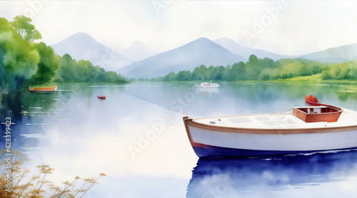 Boat on the lake watercolor oil painting wallpaper background landscape boating wallpaper. Generative AI. © BornHappy