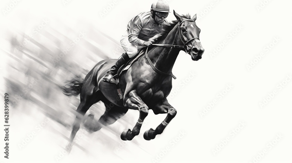 Generative AI, Ink painted racing horse with jockey, equestrian sport, monochrome illustration Generative AI, Ink painted racing horse with jockey, equestrian sport, monochrome illustration
