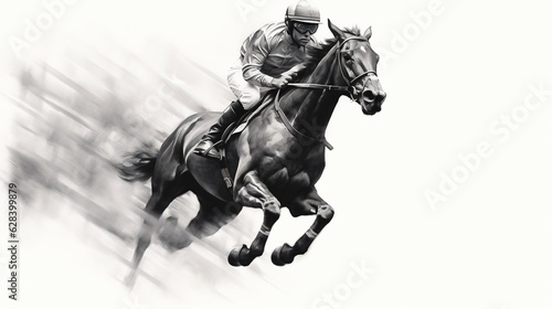 Generative AI, Ink painted racing horse with jockey, equestrian sport, monochrome illustration © DELstudio