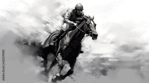 Generative AI, Ink painted racing horse with jockey, equestrian sport, monochrome illustration © DELstudio