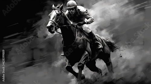 Generative AI, Ink painted racing horse with jockey, equestrian sport, monochrome illustration