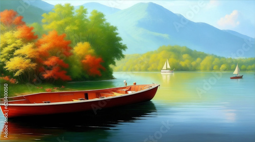 Boat on the lake oil painting wallpaper background landscape boating wallpaper. Generative AI. © BornHappy