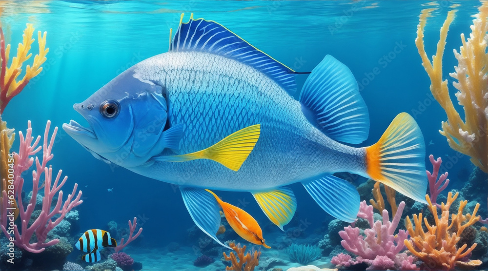 Naklejka premium A clear blue sea colorful fish swim. Generative AI.