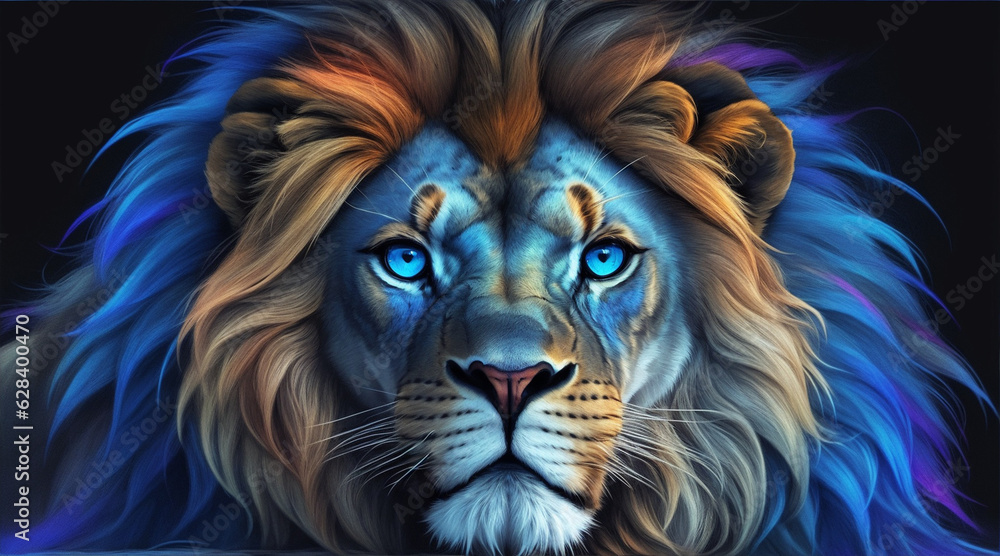 A colorful lion with a blue eye and a black background. Generative AI.