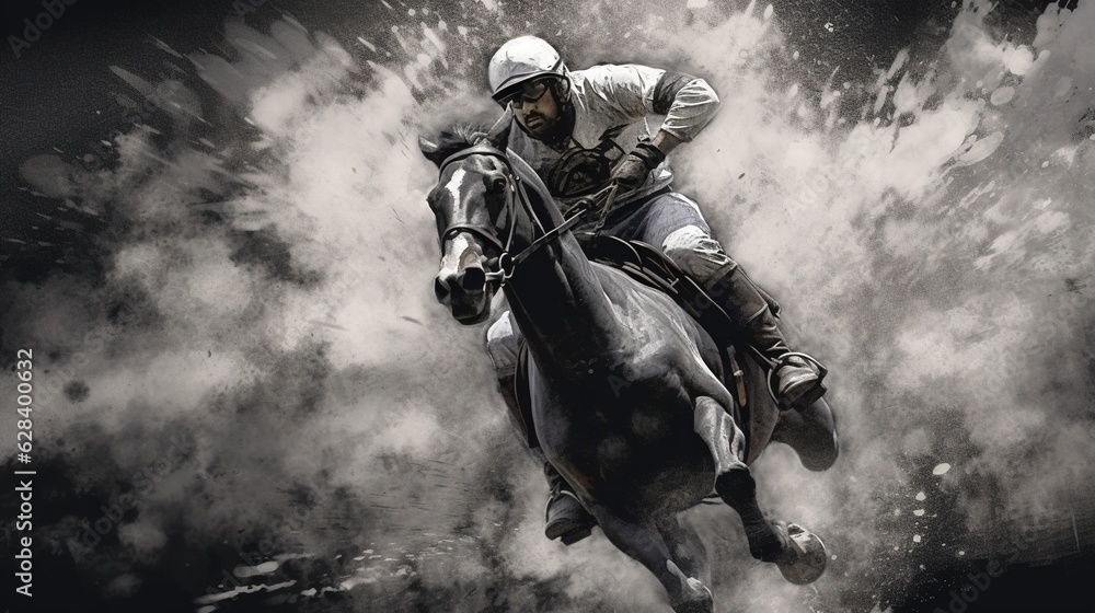 Fototapeta premium Generative AI, Ink painted racing horse with jockey, equestrian sport, monochrome illustration