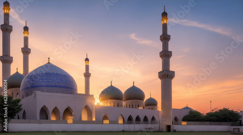 Free photo ramadan Kareem Eid Mubarak mosque in evening with sunlight background. Generative AI.