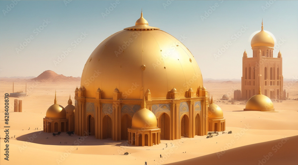 A city in the desert with a golden dome and a building with a dome in the middle. Generative AI.