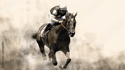 Generative AI, Ink painted racing horse with jockey, equestrian sport, monochrome illustration