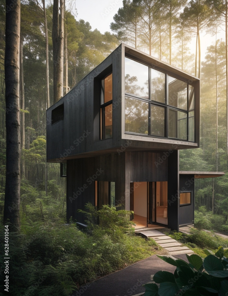 A modern home nestled in a lush forest, constructed of concrete and wood, with warm, inviting light spilling out from the windows. Generative AI