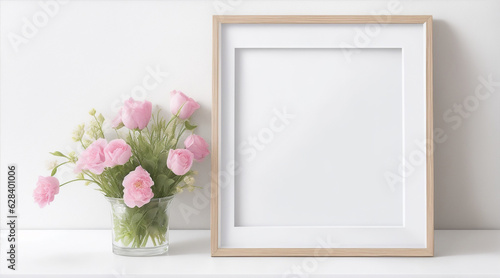Blank picture frame mockup on white wall floral border. Generative AI.