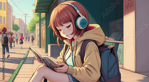 Cartoon lofi young manga style girl studying while listening to music in the street. Generative AI.