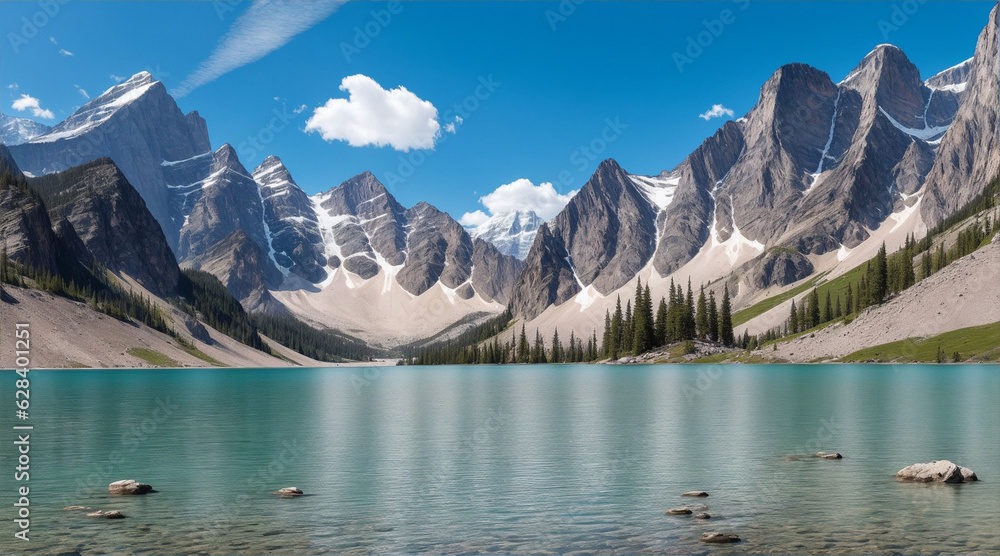 A lake with rocks and mountains in the background. Generative AI